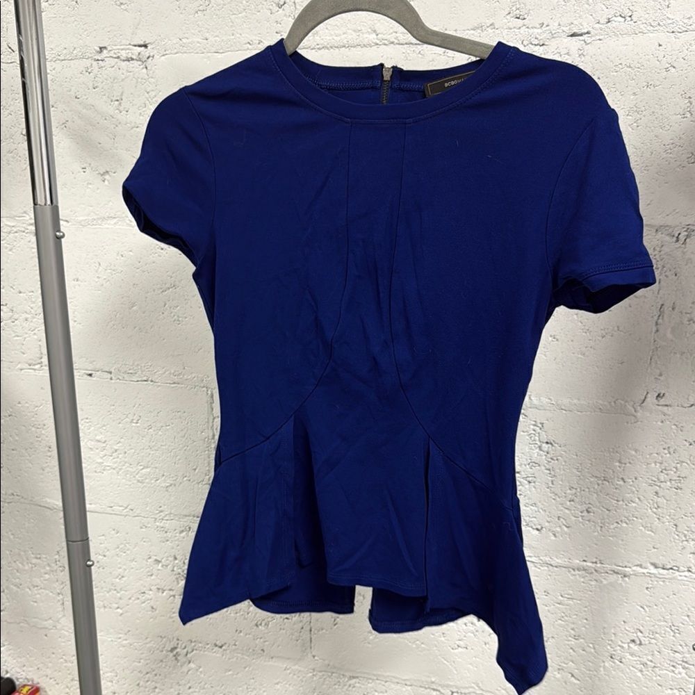 BCBGMaxAzria Blue Asymmetrical Peplum Blouse Zip Back - Size XXS - Like NEW